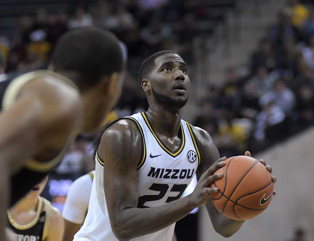 Jeremiah Tilmon looks to the hoop before shooting a free throw for Missouri basketball during their game against Wofford